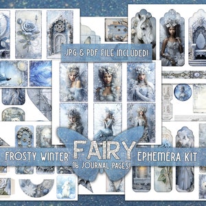 Puede incluir: Un kit de scrapbooking digital con 16 p&aacute;ginas de diario imprimibles con un tema de hada de invierno helado. El kit incluye im&aacute;genes de hadas, un unicornio, un drag&oacute;n, un trono, un castillo y otros elementos invernales. El texto "FROSTY WINTER FAIRY EPHEMERA KIT 16 JOURNAL PAGES!" est&aacute; incluido en la imagen.