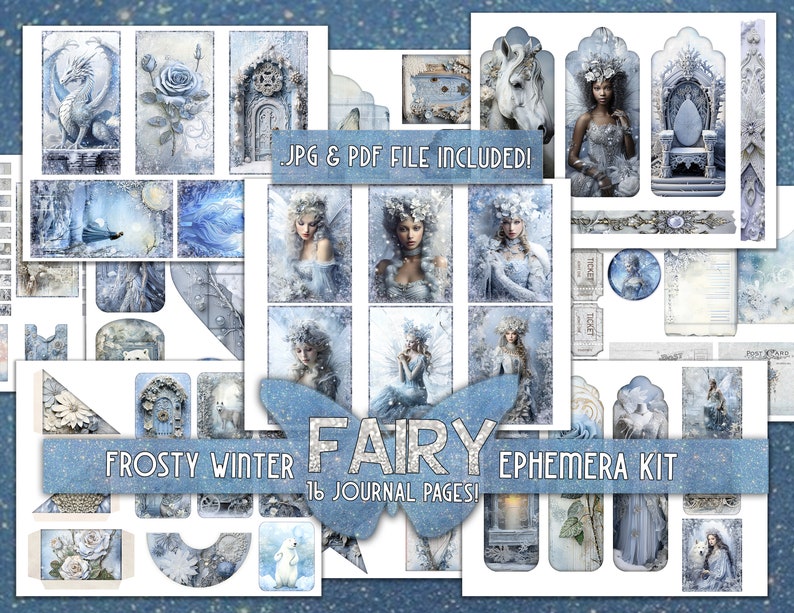 Puede incluir: Un kit de scrapbooking digital con 16 p&aacute;ginas de diario imprimibles con un tema de hada de invierno helado. El kit incluye im&aacute;genes de hadas, un unicornio, un drag&oacute;n, un trono, un castillo y otros elementos invernales. El texto "FROSTY WINTER FAIRY EPHEMERA KIT 16 JOURNAL PAGES!" est&aacute; incluido en la imagen.