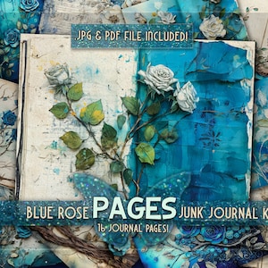 Blue roses printable junkjournal papers Digital downloaded roses Flower enchanted pages Floral roses printable papers Blue junk journal kit