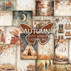 May include: A digital collage of 20 printable journal pages with an autumn theme. The pages feature illustrations of leaves, trees, a moon, a tent, a campfire, a bicycle, a basket of oranges, and a couple. The text "AUTUMN spirit pages 20 JOURNAL PAGES!" is in the center of the image.