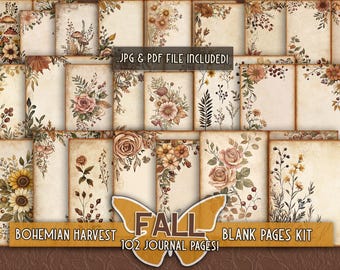 Rustic boho autumn papers Nature garden writing paper Golden season harvest Woodland boho autumn Blank diary pages Earth tone floral papers
