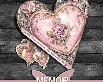 May include: A heart-shaped folio kit with a pink and floral design. The kit includes a heart-shaped notebook and two smaller heart-shaped embellishments. The text "Notebook of Memoir" and "Folio Kit" are visible. The kit includes 12 interactive pages.
