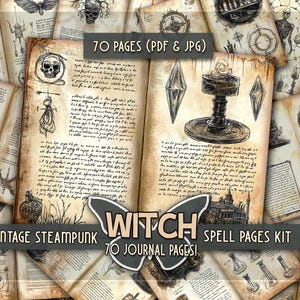 Puede incluir: Kit de páginas de hechizos de estilo steampunk vintage. La imagen muestra páginas de diario abiertas con ilustraciones de calaveras, brújulas y otros elementos místicos. El texto dice "Witch Spell Pages Kit" y "70 Journal Pages!"