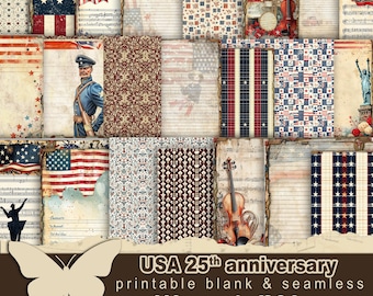 Independence day themed Blank and line pages Vintage nostalgia papers printable Seamless aesthetic junkjournal digital Memory book diary kit