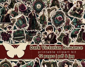 Gothic victorian moody clipart printable Dark romance fussy cut Digital violin piano ephemera Musical junk journal clipart Burgandy rose kit