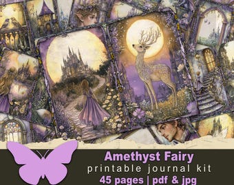 Amethyst fairy printable junkjournal Magical princess kingdom fantasy Digital storybook illustration journal Cottagecore purple fairy prints