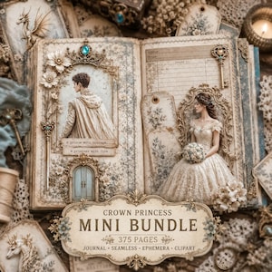 Pode incluir: Um diário aberto com uma ilustração de um príncipe e uma princesa, molduras douradas ornamentadas, uma chave antiga e adornos florais. O texto diz: A prince with courage, a princess with fire, e Crown Princess Mini Bundle 375 Pages Journal Seamless Ephemera Clipart.
