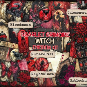 Puede incluir: Un collage de efímeras góticas en tonos rojo oscuro y negro. El texto "SCARLET GRIMOIRE WITCH EPHEMERA KIT" es prominente. Otros textos incluyen "Bloodmoon", "Crimsoncraft", "Runevelvet", "Nightbloom" y "Sablecharm".