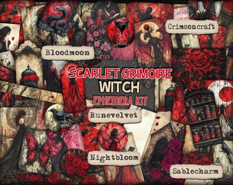 May include: A collage of gothic-themed ephemera with a dark red and black color scheme. The text "SCARLET GRIMOIRE WITCH EPHEMERA KIT" is prominently displayed. Other text includes "Bloodmoon", "Crimsoncraft", "Runevelvet", "Nightbloom", and "Sablecharm".