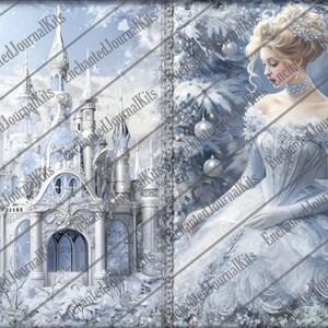 Op de afbeelding: Een digitaal papierpakket met een winters wonderland-sc&egrave;ne met een wit kasteel en een vrouw in een blauwe jurk die voor een besneeuwde naaldbomen staat. De afbeelding heeft een vintage, verweerde uitstraling.