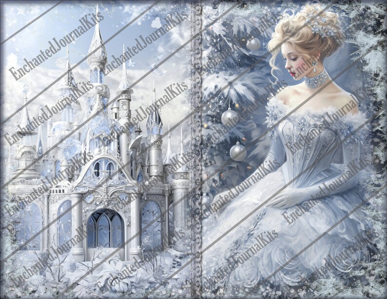 Op de afbeelding: Een digitaal papierpakket met een winters wonderland-sc&egrave;ne met een wit kasteel en een vrouw in een blauwe jurk die voor een besneeuwde naaldbomen staat. De afbeelding heeft een vintage, verweerde uitstraling.