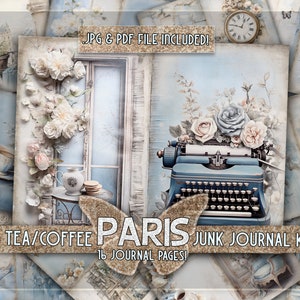 Franse junkjournal kit blauw Parijs afdrukbaar Koffie junk journal Theepapieren Liefdesverhaal toile blauw Romantische begaafde afdrukbare geschenken junkjournal