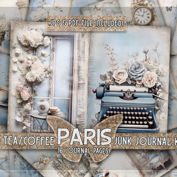 French junkjournal kit blue Paris printable Coffee junk journal Tea papers Love story toile blue Romantic gifted printable gifts junkjournal