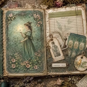 Pode incluir: Um &aacute;lbum aberto com uma ilustra&ccedil;&atilde;o na p&aacute;gina esquerda de uma pessoa com um vestido verde segurando uma luz brilhante entre flores. A p&aacute;gina direita inclui um cart&atilde;o de biblioteca, uma chave de metal, um almofariz e uma etiqueta circular.