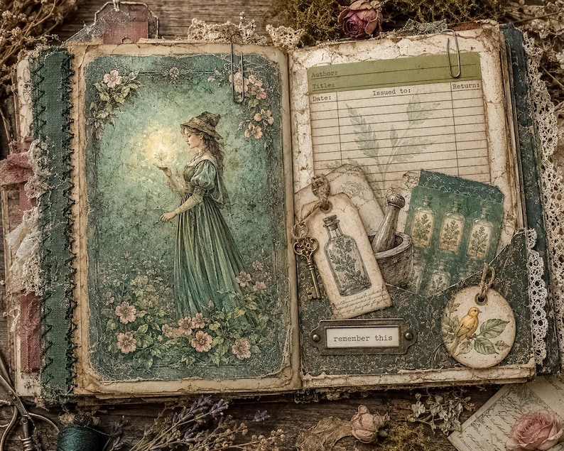 Pode incluir: Um &aacute;lbum aberto com uma ilustra&ccedil;&atilde;o na p&aacute;gina esquerda de uma pessoa com um vestido verde segurando uma luz brilhante entre flores. A p&aacute;gina direita inclui um cart&atilde;o de biblioteca, uma chave de metal, um almofariz e uma etiqueta circular.