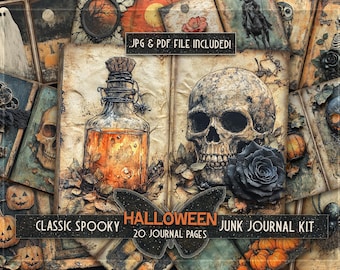 May include: A digital collage kit for junk journaling with a Halloween theme. The kit includes 20 pages with images of skulls, potion bottles, pumpkins, and other spooky elements. The text "CLASSIC SPOOKY HALLOWEEN JUNK JOURNAL KIT 20 JOURNAL PAGES" is included in the image.