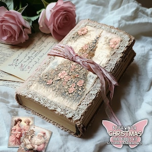 Pacote de diário de papéis de Natal rosa Vintage vitoriano rosa Junkjournal Papéis de Papai Noel de Natal para impressão Pacote rosa surrado Junkjournal Kit