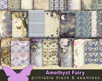 Amethyst fairy blank papers printable Colorful seamless pattern Enchanted forest theme writing page Junkjournal filler background paper kit