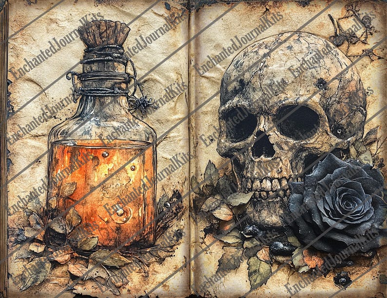 May include: An open book with a vintage, aged paper texture. The left page features a glass bottle with a cork stopper and a dark amber liquid. The right page features a skull with a black rose. The pages are decorated with a vine pattern and the text "Enchanted Journal Kits".