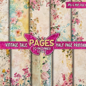 Papéis em branco de junkjournal vintage para impressão Papéis de escrita floral Páginas de diário digital Páginas em branco de scrapbook vintage Kit de meia página para impressão