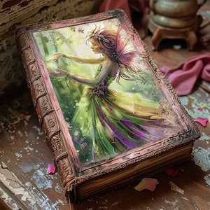 May include: A vintage-style book with a detailed embossed cover. The cover features a painting of a fairy with flowing green and purple wings, standing in a forest setting.
