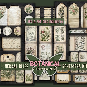 Diario basura botánico efímero Tarjetas imprimibles de hierbas adicionales Etiquetas imprimibles de plantas de jardín Bolsillos tipo sobre botánicos Kit de diario digital efímero