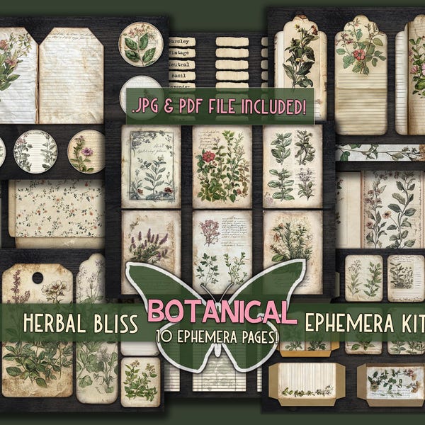 Botanical junk journal ephemera Herbs printable cards addon Garden plants printful tags Botanic envelop pockets Digital ephemera journal kit