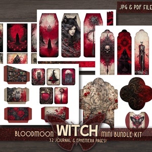 Witch bundle printable kit Gothic junkjournal bundle Dark witch ephemera Digital red paper Grimoire BOS pages Magical witch junk journal kit zdjęcie 7
