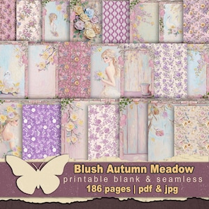 May include: A collection of digital paper designs featuring soft blush and purple floral patterns, illustrations of figures, and textured backgrounds. The text reads Blush Autumn Meadow printable blank & seamless 186 pages | pdf & jpg.
