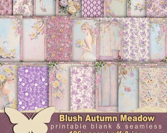 Shabby pastel autumn Thanksgiving scrapbook pink papers Cottagecore country meadow Seamless floral backgrounds Autumn gratitude junk journal