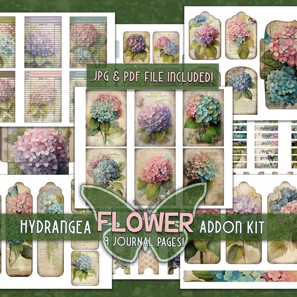 Hydrangea printable floral ephemera papers Junkjournal gifted addon kit Digital downloaded hydrangea papers Ephemera tags pockets envlop kit