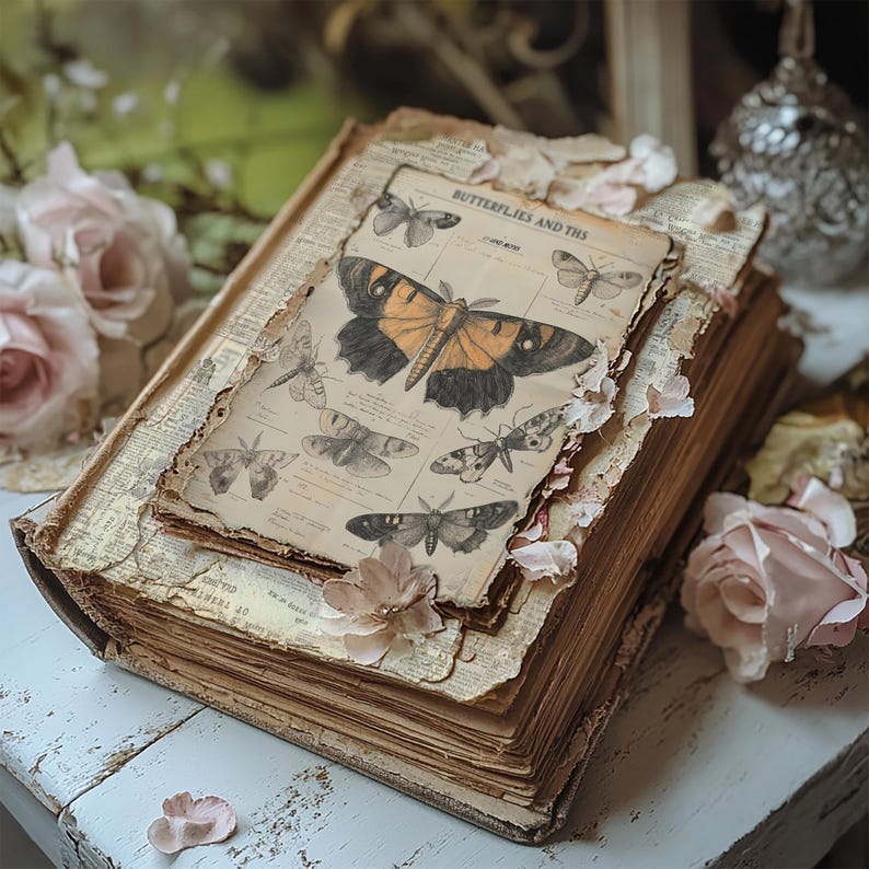 May include: An antique book with a vintage illustration of butterflies and moths. The book is open and the pages are worn and yellowed. The illustration is surrounded by delicate pink flowers.