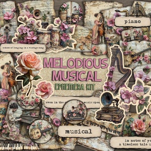 Kit de papeles efímeros musicales imprimibles Etiquetas adicionales envuelven impreso Papel de diario basura musical Imágenes prediseñadas de guitarra de piano Kit de bolsillos efímeros vintage