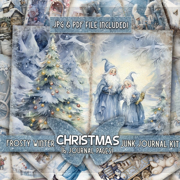 Winter christmas printful junkjournal Blue kit Digital downloaded papers Giftful winter Santa junkjournal pages Christmas gifted printful