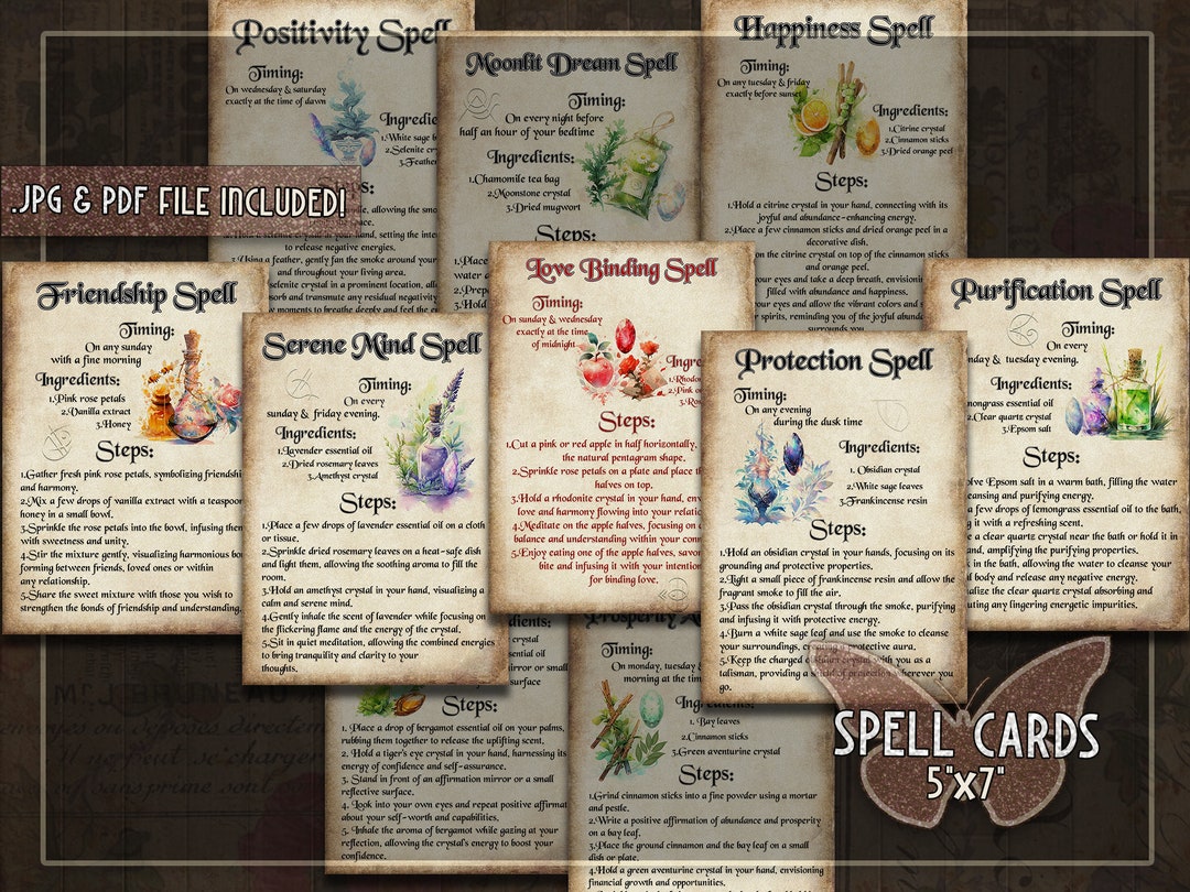 Printable Grimoire BOS Spell Cards Magical Spell Pages Witch Spellbook