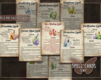 Printable grimoire BOS spell cards Magical spell pages Witch spellbook vintage kit Digital spellcards BOS spells grimoire ephemera spellbook