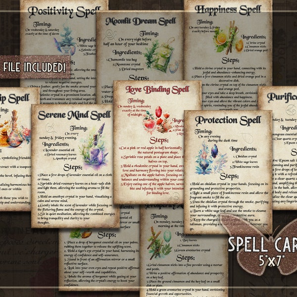 Printable grimoire BOS spell cards Magical spell pages Witch spellbook vintage kit Digital spellcards BOS spells grimoire ephemera spellbook