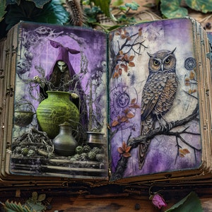 May include: An open book with a purple and green cover. The left page features a witch in a purple robe stirring a green cauldron. The right page features a brown owl perched on a branch.