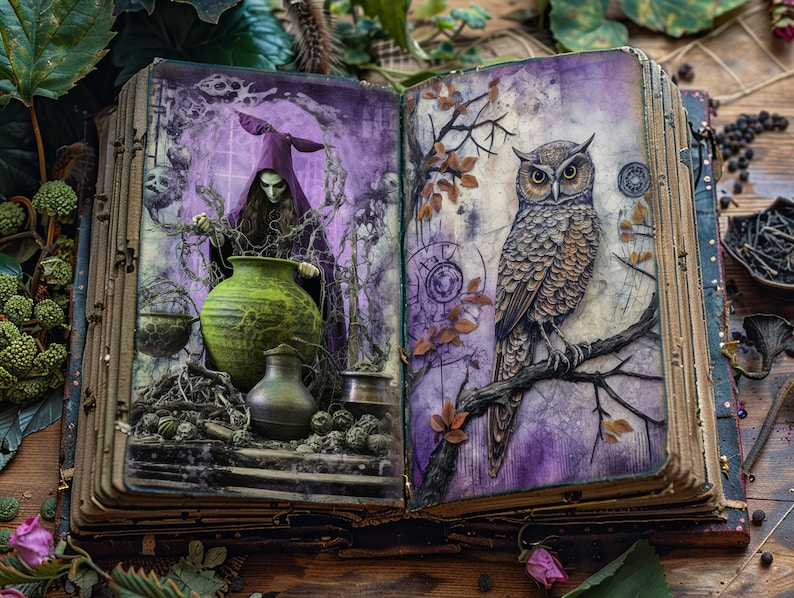 May include: An open book with a purple and green cover. The left page features a witch in a purple robe stirring a green cauldron. The right page features a brown owl perched on a branch.