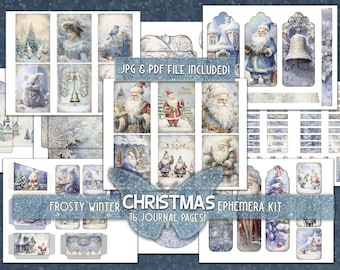 Winter christmas ephemera junkjournal papers kit Digital downloaded giftful Blue christmas Pockets tags envelop Printful papers gifted Addon