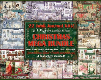 Christmas junkjournal bundle printable Winter papers ephemera Xmas craft printful Christmas mega bundle papers Colorful retro classic pages