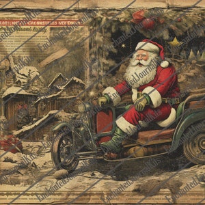 May include: A vintage illustration of Santa Claus driving a three-wheeled vehicle through a snowy village. The vehicle is decorated with Christmas lights and a bag of gifts. The illustration is set against a backdrop of a newspaper page with the text "CAST MELBES: NA CREGNSEFES MY D" and "Aria the Christmas Bulletin".