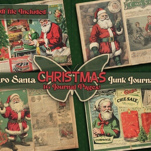 May include: A digital printable junk journal kit with 16 pages featuring vintage illustrations of Santa Claus, Christmas trees, and candles. The kit includes JPG and PDF files.