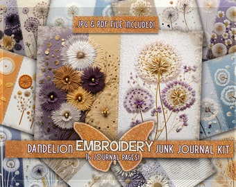 Embroidery printful papers digital Stitched Junk journal printable Dandelion papers Floral embroideri flower junkjournal page Gifted sew kit