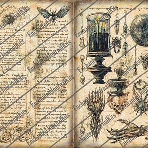 May include: A vintage-style open book with illustrations of mystical objects, including a candle holder, a crystal ball, and a skeletal hand. The pages are aged with handwritten text and drawings, creating a gothic theme.