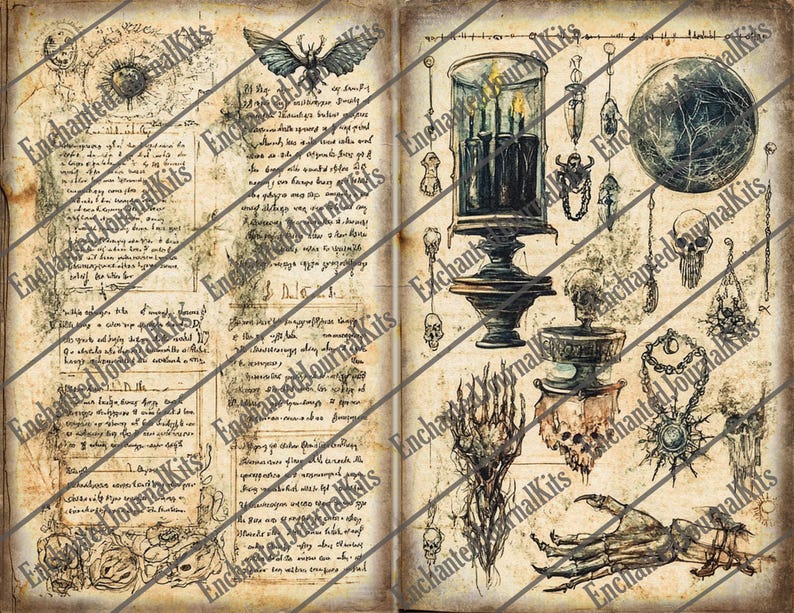 May include: A vintage-style open book with illustrations of mystical objects, including a candle holder, a crystal ball, and a skeletal hand. The pages are aged with handwritten text and drawings, creating a gothic theme.