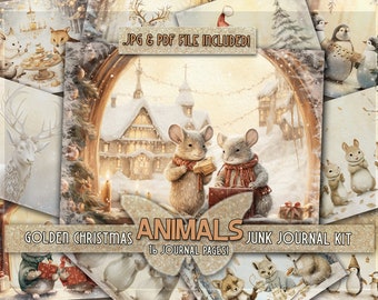 Animal papers junkjournal christmas Downloaded digital mouse paper Penguin christmas deer Godlen animal junkjournal papers printful squirrel