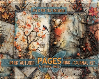 Mixedmedia papers printable junkjournal Downloaded dark pages Gothic mystical papers gift Fall maple leave junkjournal mix media pages kit