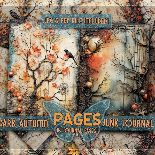 Mixedmedia papers printable junkjournal Downloaded dark pages Gothic mystical papers gift Fall maple leave junkjournal mix media pages kit