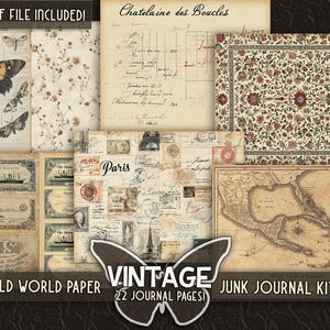 May include: Vintage junk journal kit with 22 pages. The kit includes a variety of papers with different designs, including floral patterns, maps, and old documents. The papers are perfect for creating unique and personalized journals.